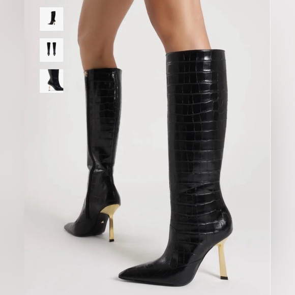 SCHUTZ Black Croc-Embossed Ciara Boots with Gold Heel